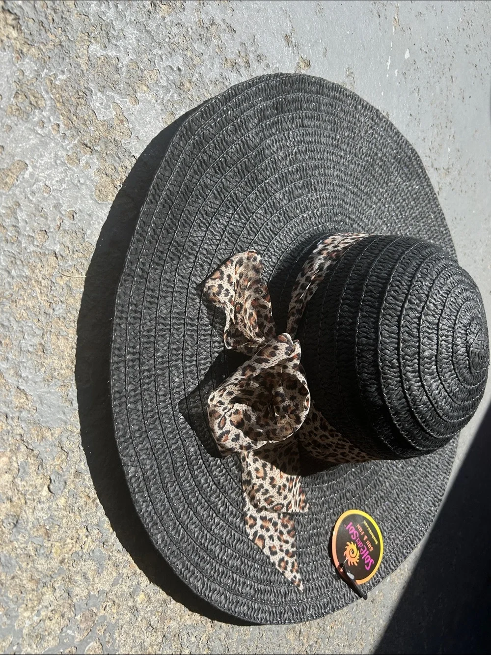 Black Wide-Brim Sun Hat with Leopard Bow